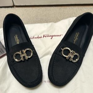 Salvatore Ferragamo suede “driving” shoe with reversible gold/silver buckle